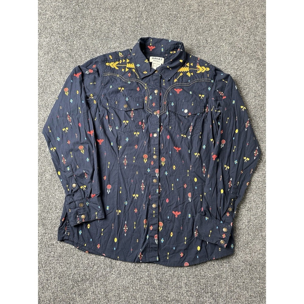 Womens Shirt Ariat Western Snap Button Navy Print Long Sleeve, Size M
